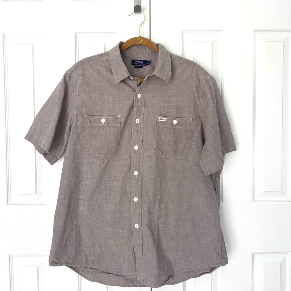 Ralph Lauren Polo cotton short sleeve button down XL grey beige classic fit